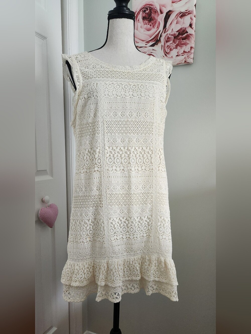 Joie Cream Crochet Lace Ruffle-Hem Mini Dress